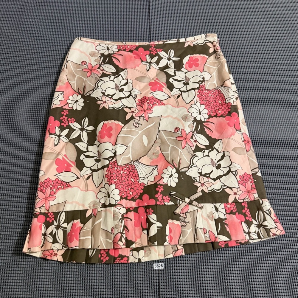 Ann Taylor LOFT Stretch Floral Pleated Hem Skirt Brown Pink White Size 6